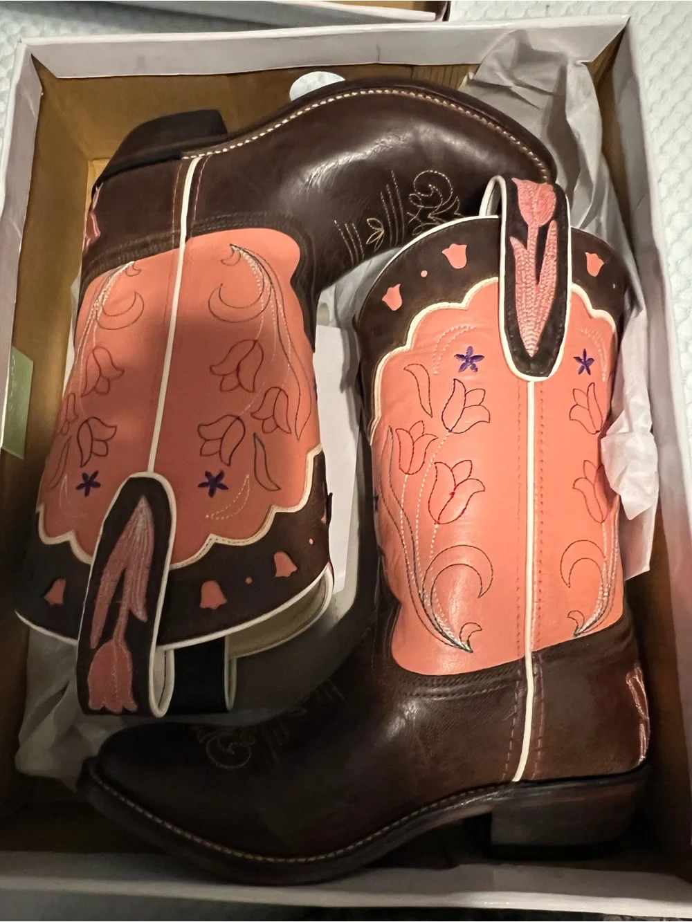 Classic Western youth girl Brown and Pink Embroidered Cowboy Boots